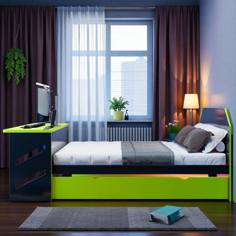 Full Size Wooden Daybed with Twin Trundle, Desk with USB Port, Storage-Friendly Design, Multi-Functional Bed Frame