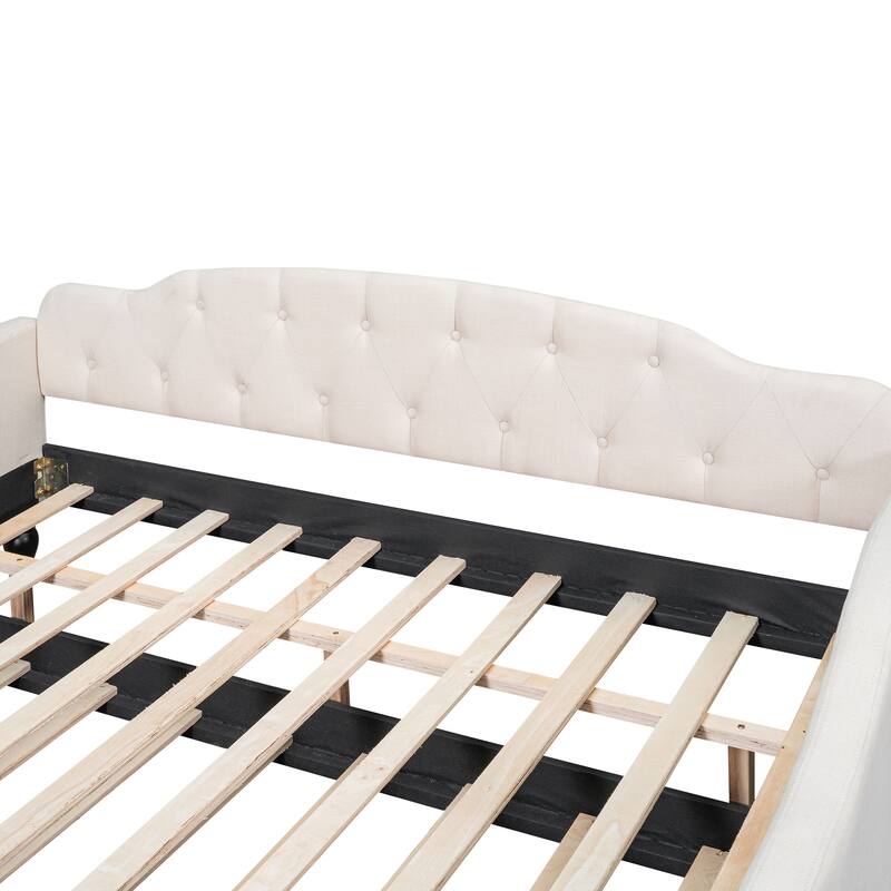 Roomfitters Full Upholstered Tufted Daybed with Pull-Out Twin Trundle for Compact Guest Setup, Beige