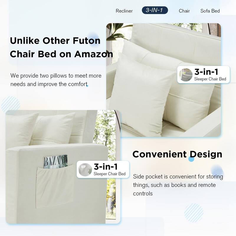 AECOJOY Adjustable Sleeper Chair Bed 3-in-1 Convertible Futon Sofa