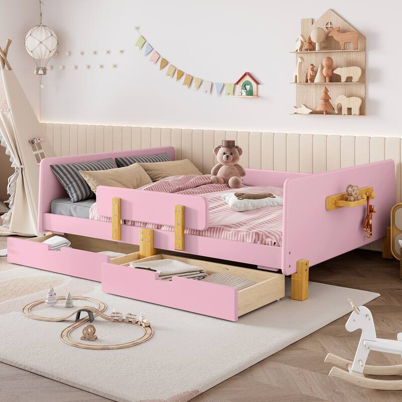 Low Profile Solid Wood Platform Bed Frame with Storage Drawers, Guardrails and Headboard, Footboard with Small Shelf and Hooks