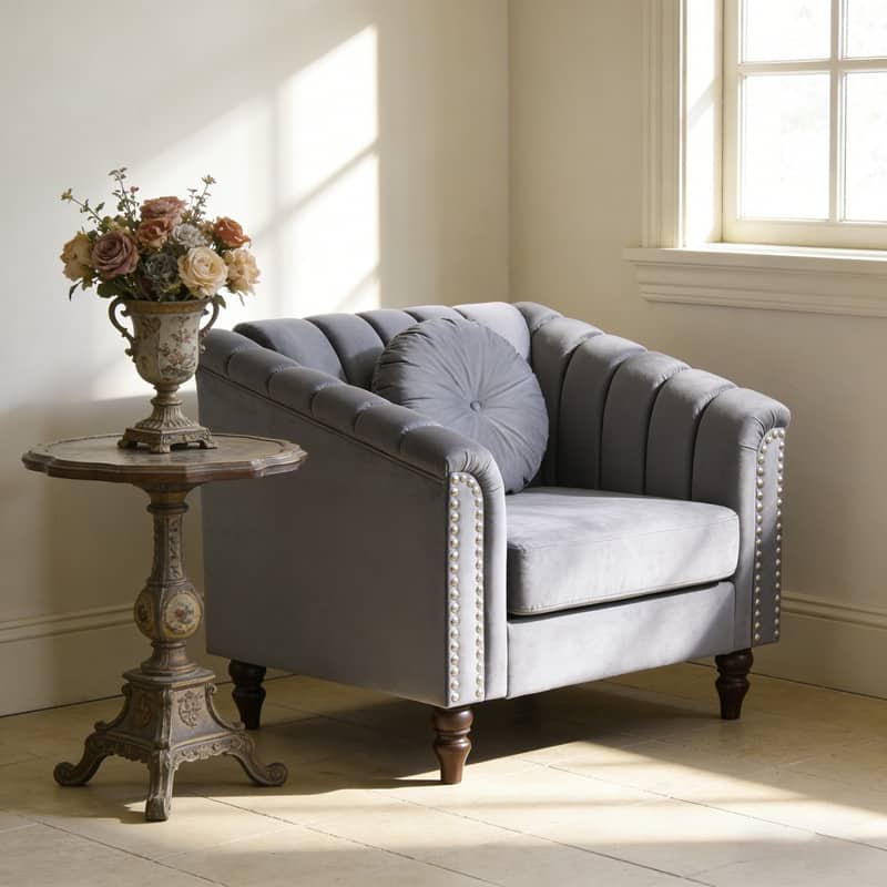 Modern Upholstered Single Sofa with Ergonomic Back & Solid Wood Legs