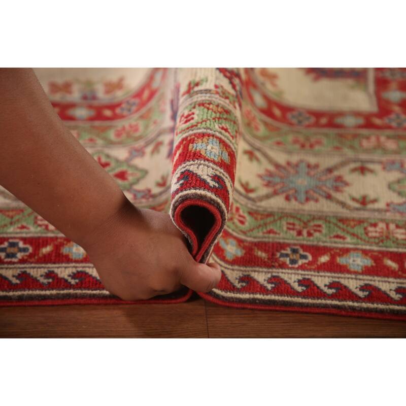 Beige Kazak Area Rug Hand-Knotted Geometric Wool Carpet - 6'6" x 9'2"