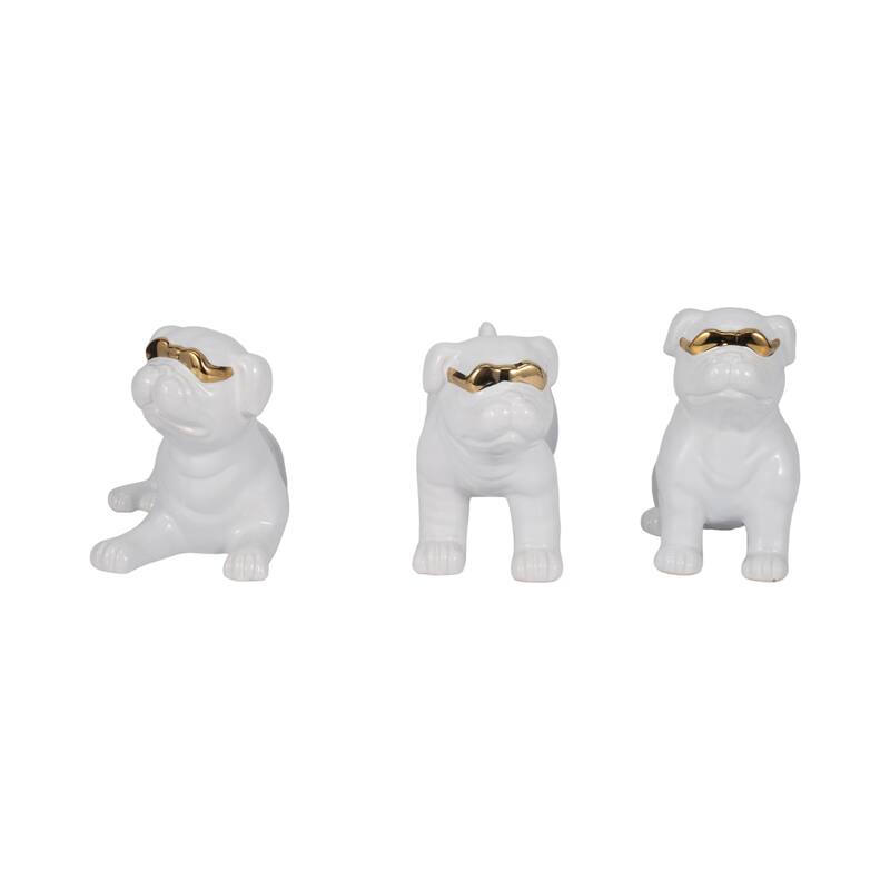 Sagebrook Home Ceramic Pugs Figurines 7" Dogs With Sunglasses in White, Set of 3 - 7" x 3" x 6" - 7" x 3" x 6" - White