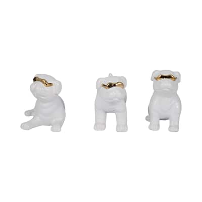 Sagebrook Home Ceramic Pugs Figurines 7" Dogs With Sunglasses in White, Set of 3 - 7" x 3" x 6"
