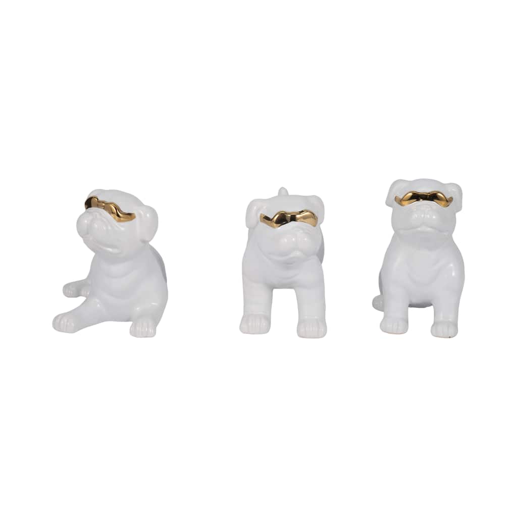 Sagebrook Home Ceramic Pugs Figurines 7" Dogs With Sunglasses in White, Set of 3 - 7" x 3" x 6"