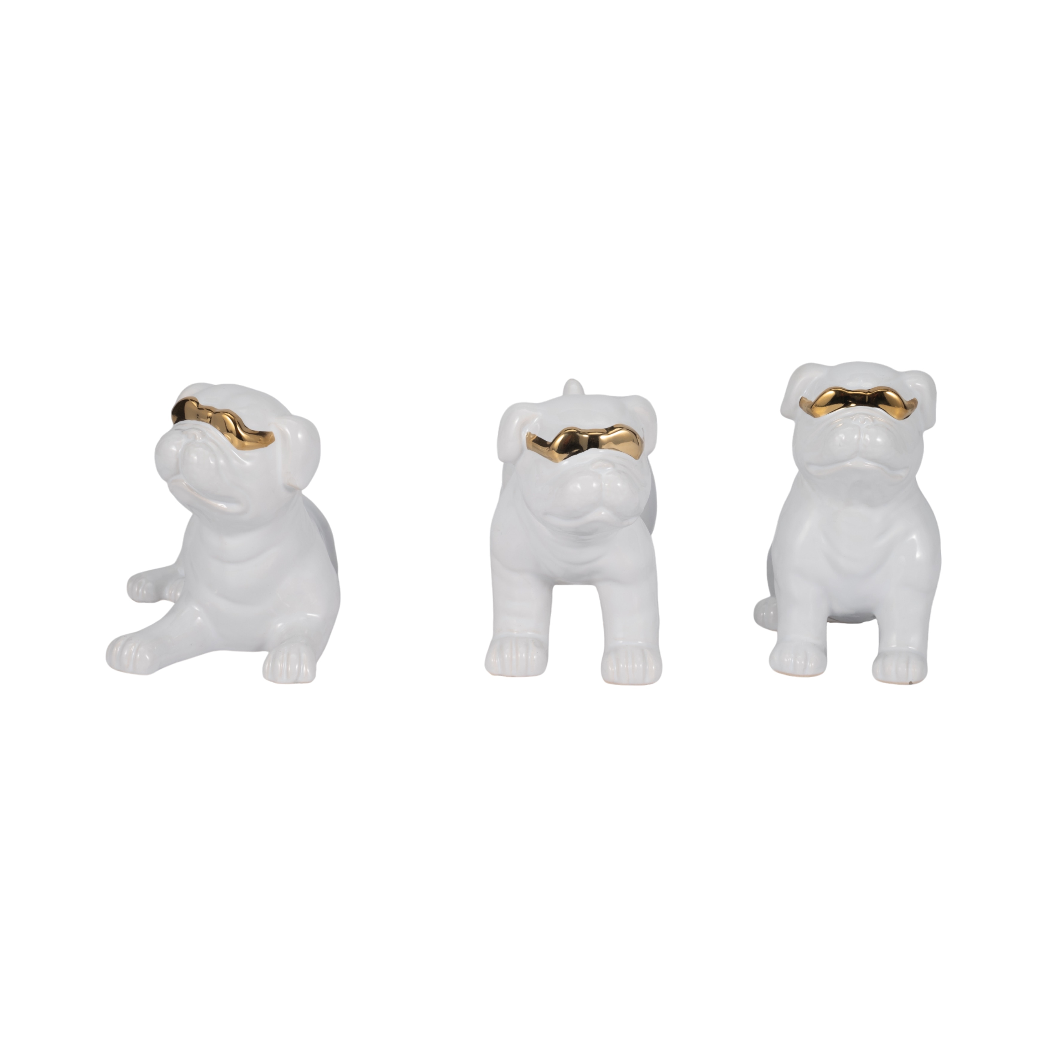 Sagebrook Home Ceramic Pugs Figurines 7" Dogs With Sunglasses in White, Set of 3 - 7" x 3" x 6"