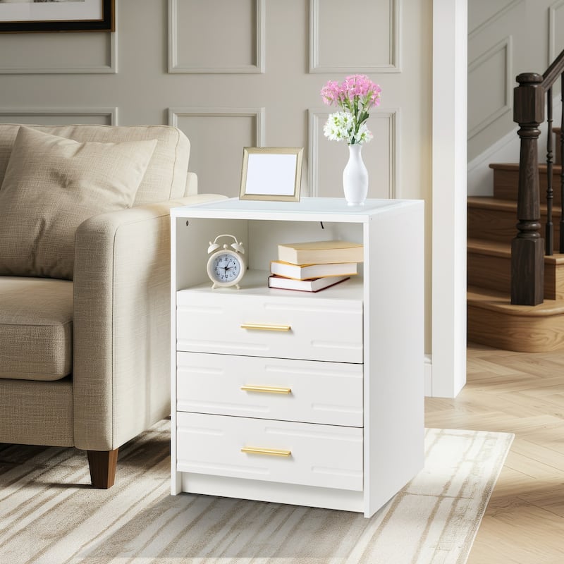 EROMMY Smart Nightstand with Wireless Charging, USB Ports, and Adjustable LED Lighting – Modern Bedside Table with 3 Drawers - White