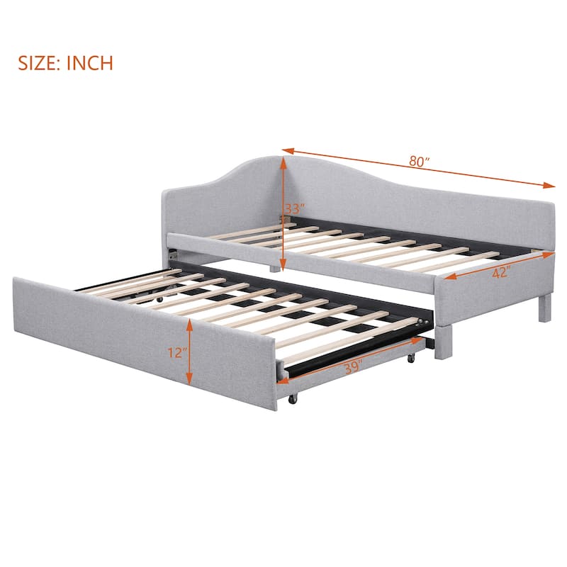 L-Shaped Daybed Twin To King Upholstered Daybed with Pop Up Trundle Linen & Wood Bed Frame for for Youth Teens or Adults