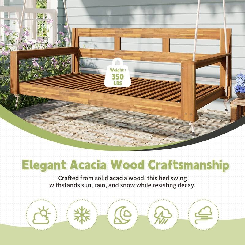 Farmhouse Style Twin Size Porch Swing Frame with Backrest, Outdoor Patio Swing Bench Chair with Hanging Ropes