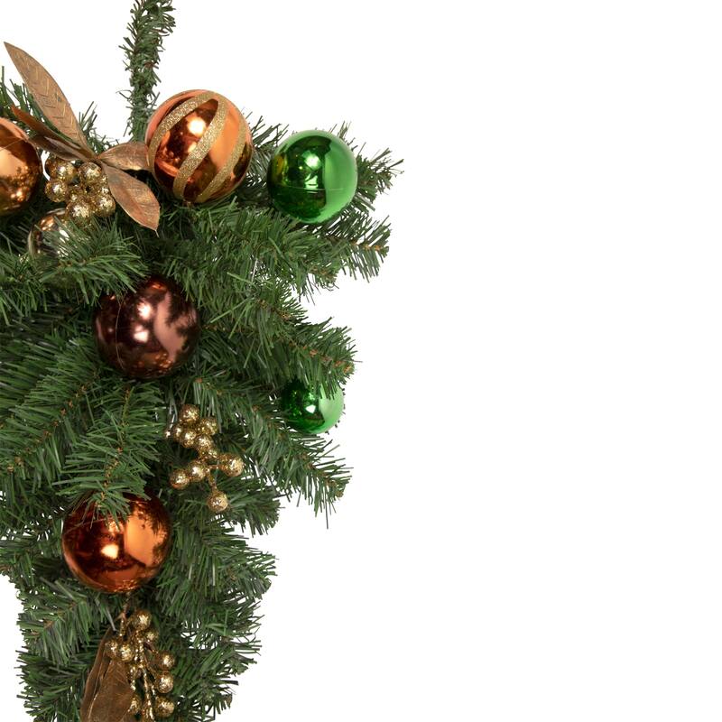 30" Green Foliage and Ornaments Artificial Christmas Teardrop Swag Unlit