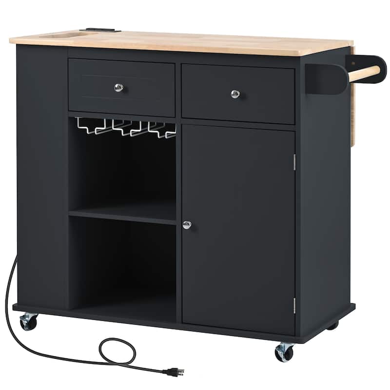 Kitchen Cart with Power Outlet,Open Storage Shelves and Wine Rack,5 Wheels,Drop Leaf and Rubber Wood