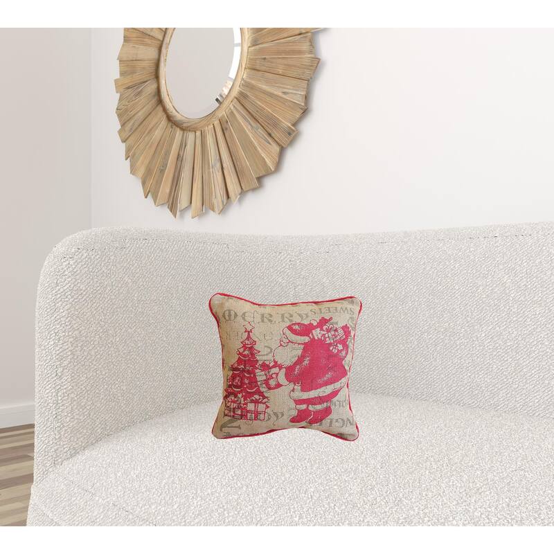 14" X 14" Beige and Red Christmas Santa Jute Pillow