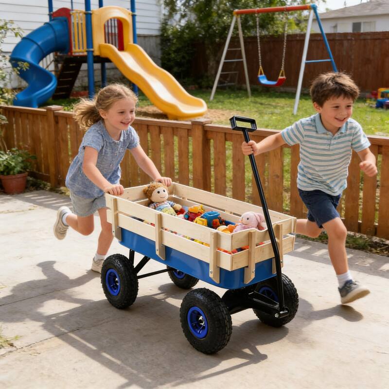 Anmytek Garden Cart Utility Wagon with Inflatable Tires Outdoor Hauler Blue Wooden