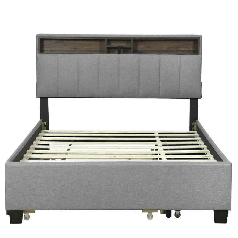 Full Size Linen Upholstered Platform Bed with Trundle and USB Ports