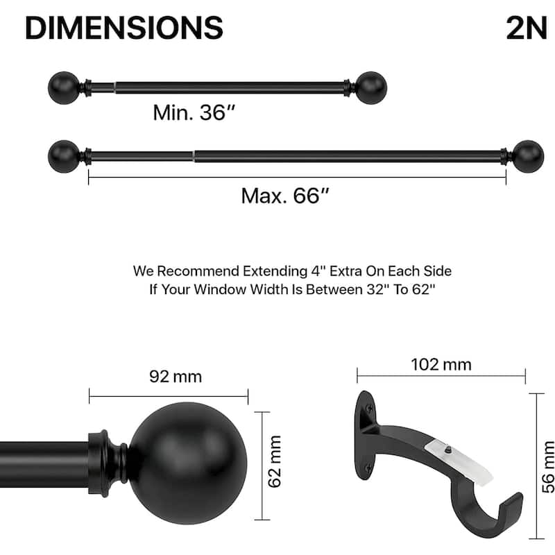 Deco window 1 Inch Adjustable Curtain Rod for Windows & Doors Curtains with Ball Finials & Brackets Set