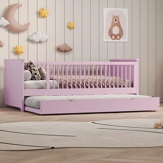 Wood Twin Size Platform Bed with Guardrail and Trundle, Wood Platform Bed Frame for Kids, Teens, No Box Spring Needed