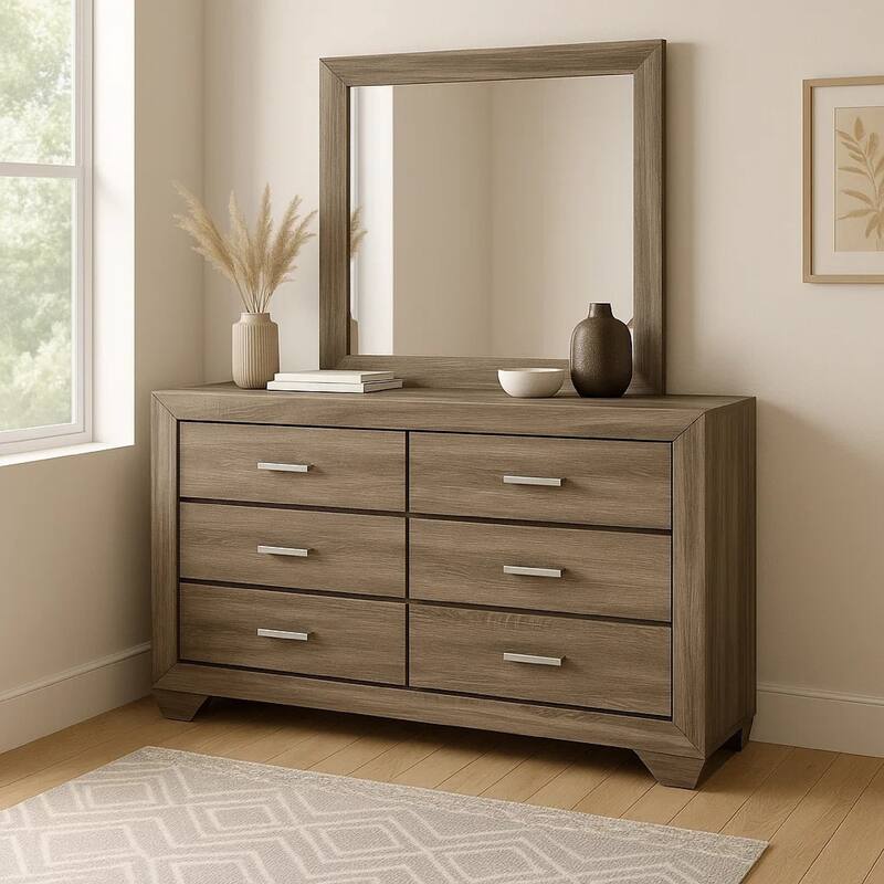Bello Wide Dresser with Matching Mirror, 6 Drawers, Washed Taupe Wood