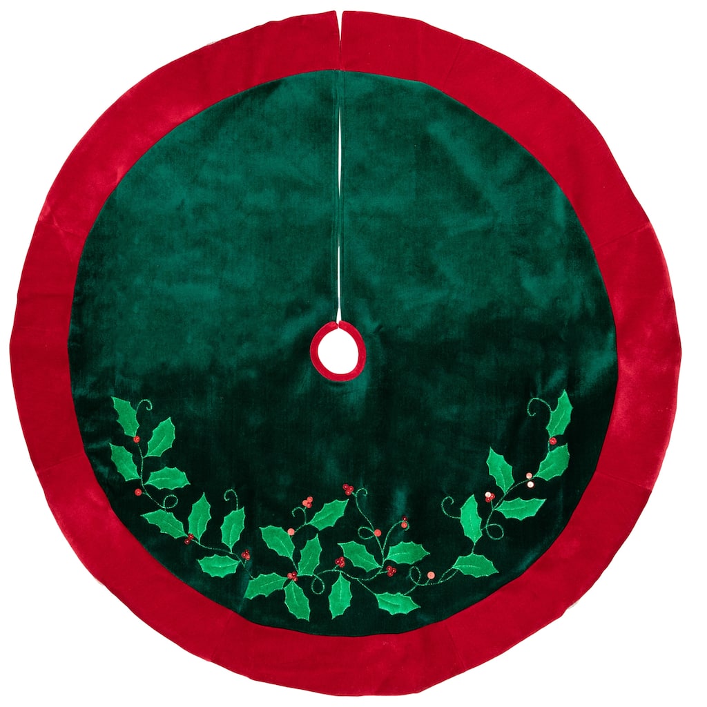 48" Dark Green Holly and Berry Velveteen Christmas Tree Skirt - 48