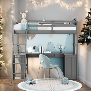 Modern Twin Size Loft Bed With Drawers,Cabinet,Shelves and Desk,Sturdy Construction