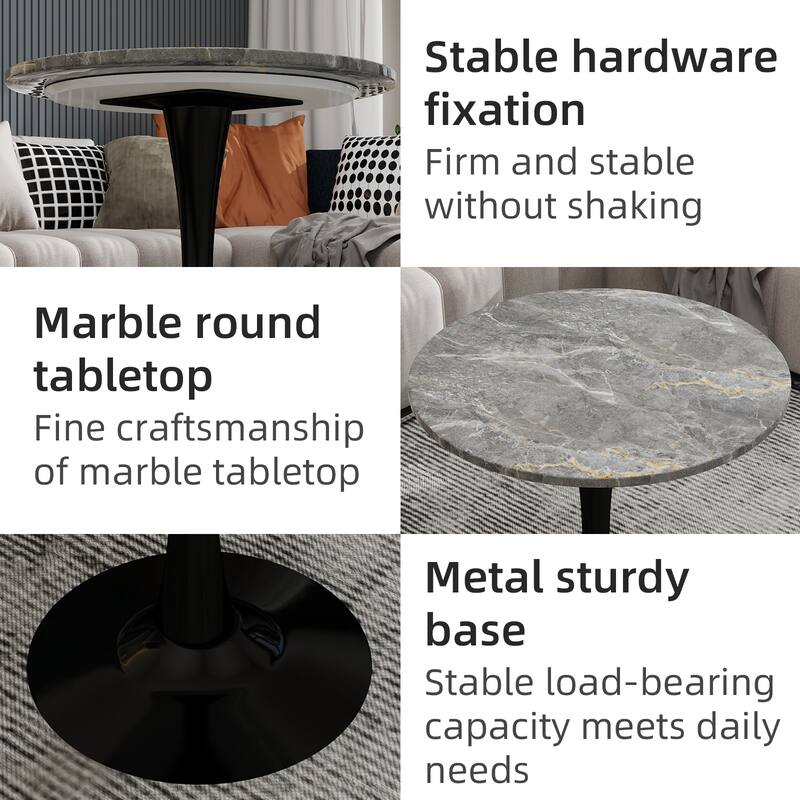 27.6" Mid-Century Modern Style Dining Table, Accommodates 2-4 People, Featuring A Round Dark Gray Textured Marble Tabletop