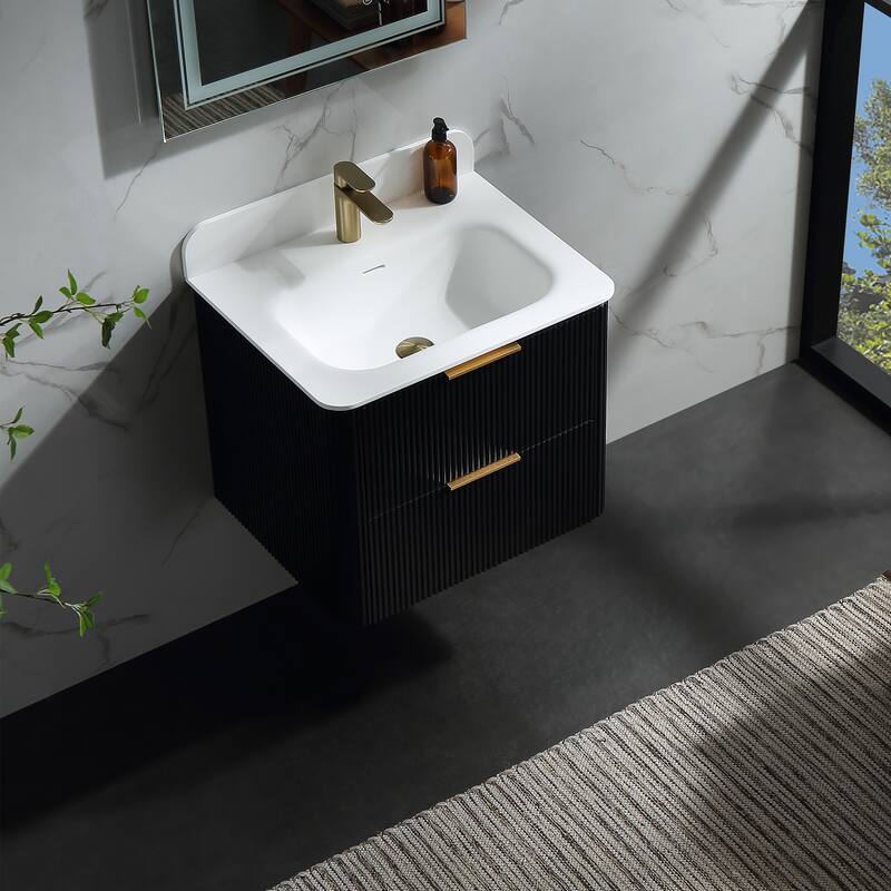 Modland Fluted Floating Vanity with Sink, Plywood Wall Mount Cabinet, Curved Edge, 24/30/36 Inch