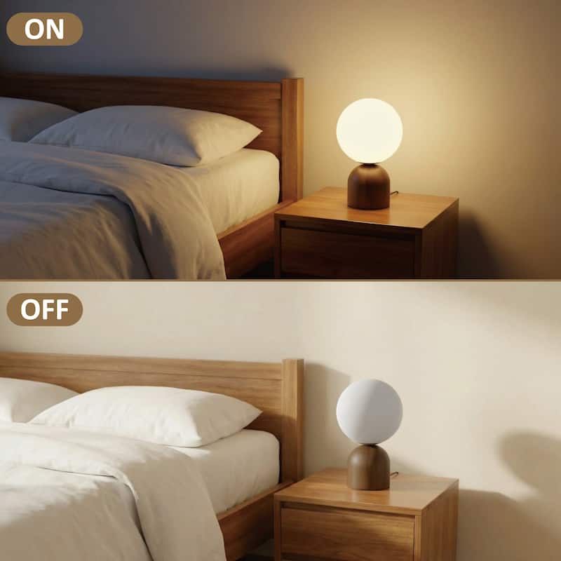 9.84'' Modern Opal Glass Globe Table Lamp with Solid Rubber Wood Base, Rotary Dimmer Switch (Bulb Not Included)