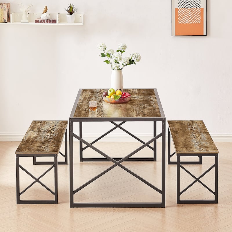 Javlergo 3-Piece Dining Table Set, 43"/55" Modern Wood Table Top Dining Table Set with Bench