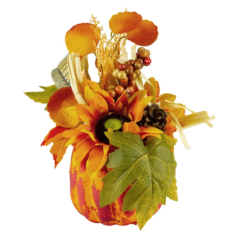 Floral Pumpkin Autumn Harvest Decoration - 12" - Orange
