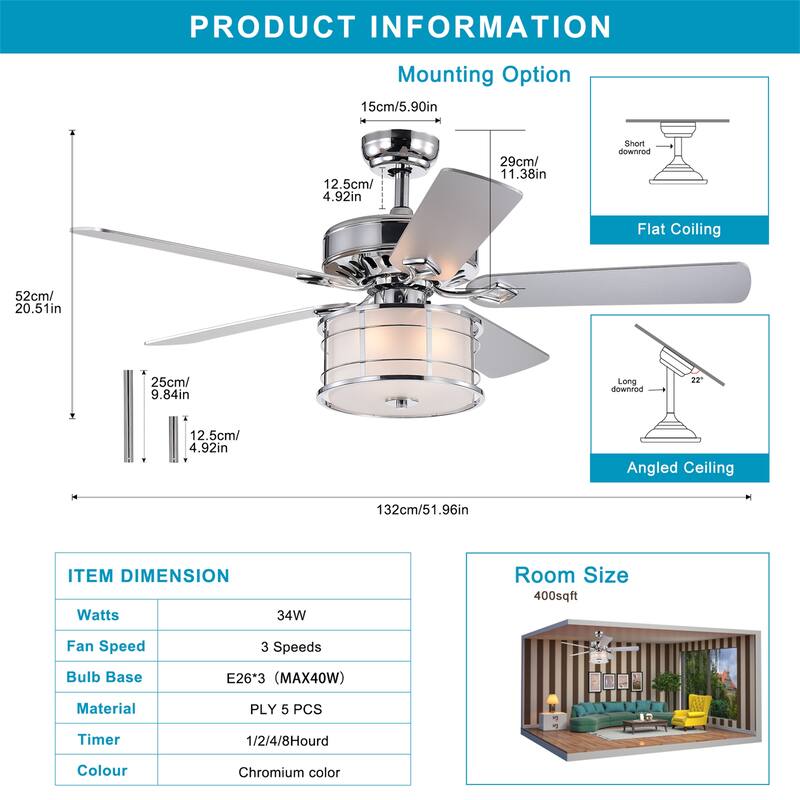 3-Light Chrome Drum Shade LED Ceiling Fan