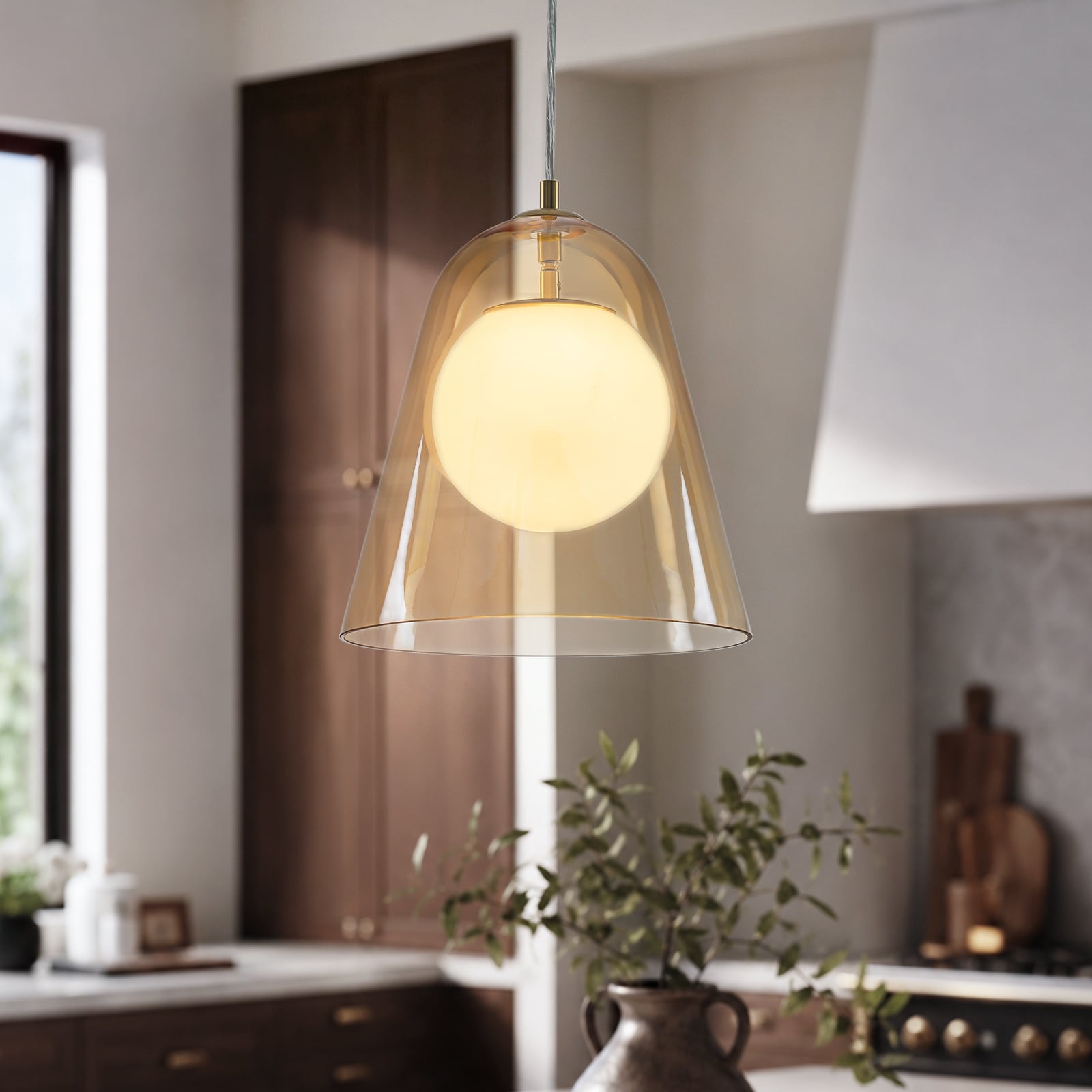 Modern Transitional Glass Pendant Light Cognac Milk White Globe - Dia.10.04 inch