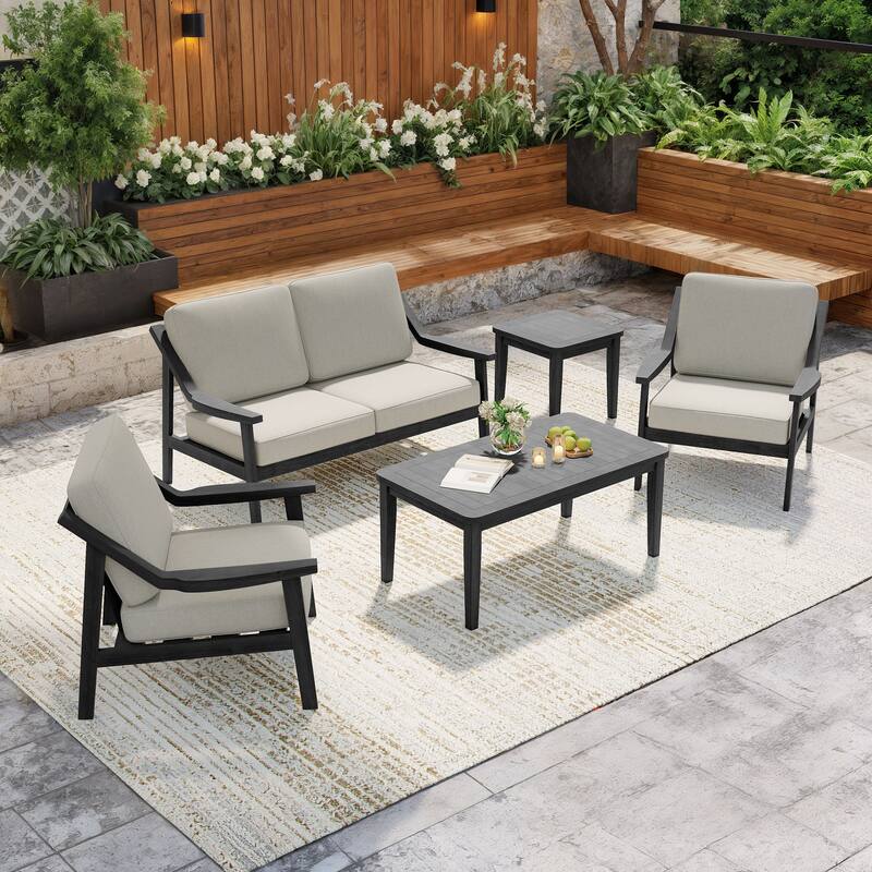 5-Piece Outdoor Sectional Wood Conversation Set with Table - Light Camel - Black Wood