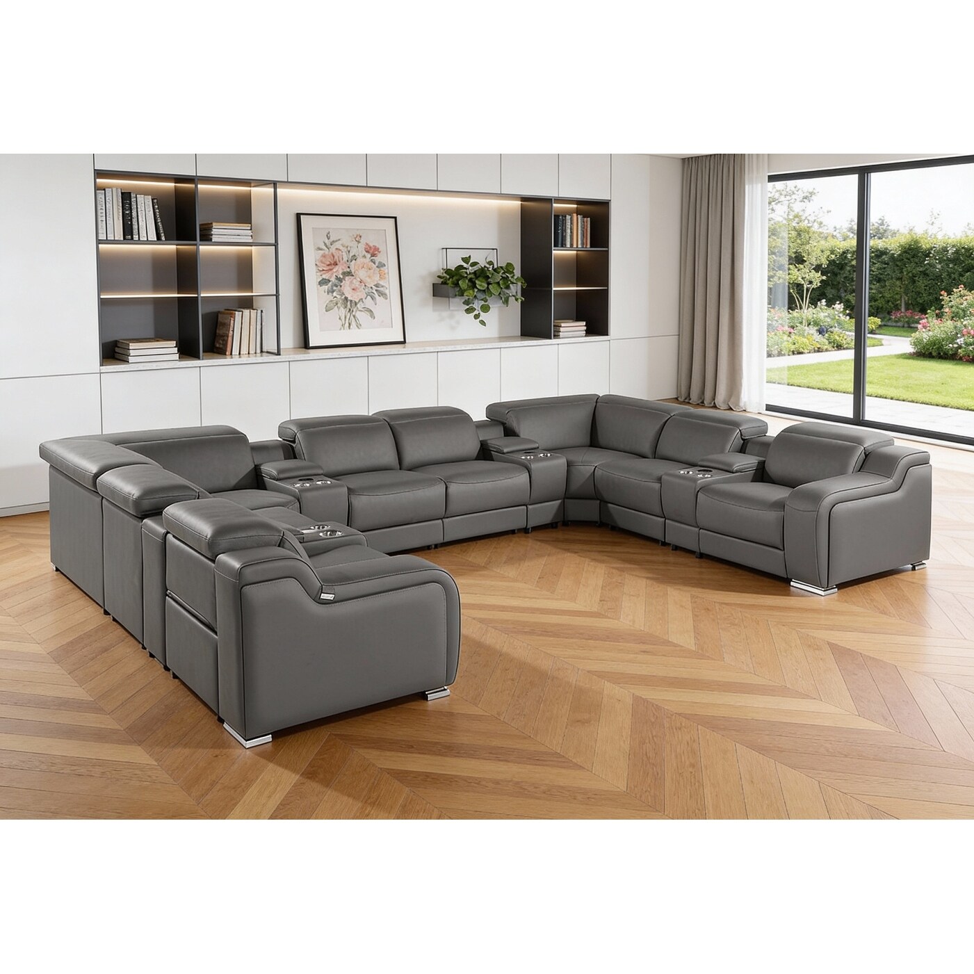 HomeRoots Dark Gray Italian Leather Power Reclining U Shaped Twelve Piece Corner Sectional With Console