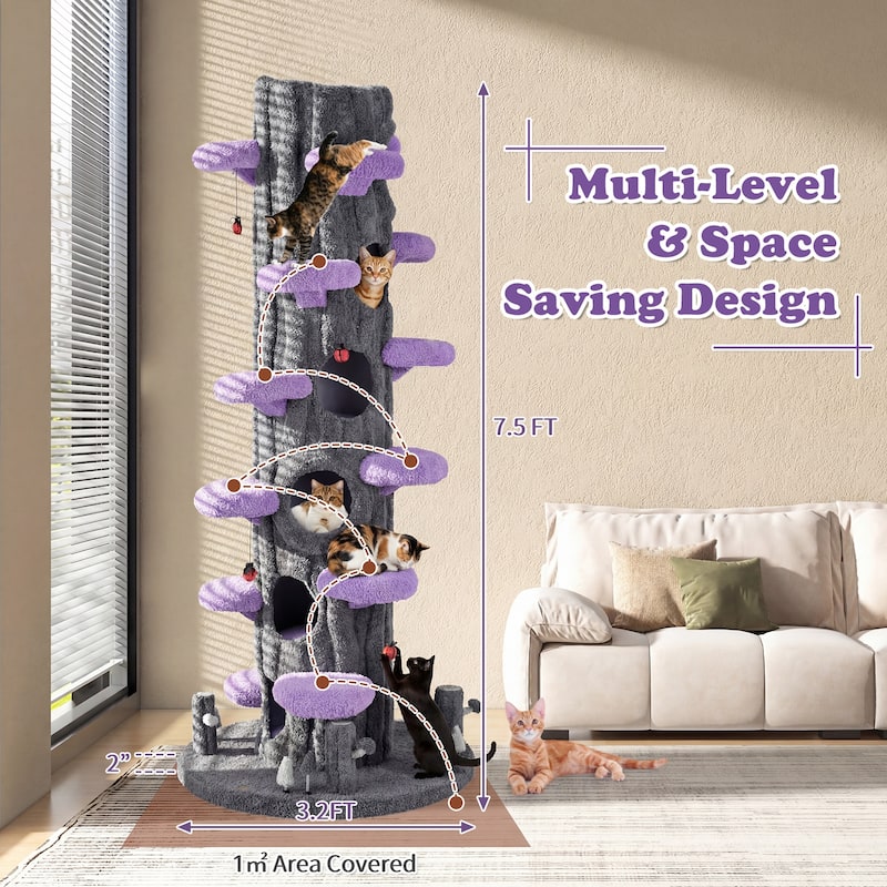 Gymax 90.5'' Multifunctional Cat Tree w/Private Condos Sisal Covered - Gray, Purple