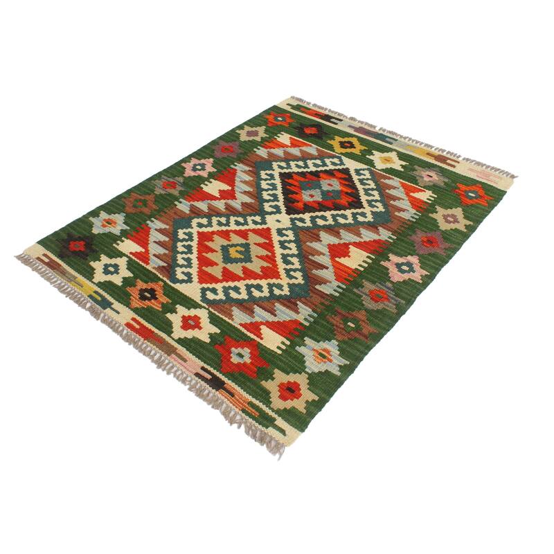 Bohemian Turkish Kilim Hiedi Rust Green Hand-Woven Wool Rug - 2'0'' x 2'11''