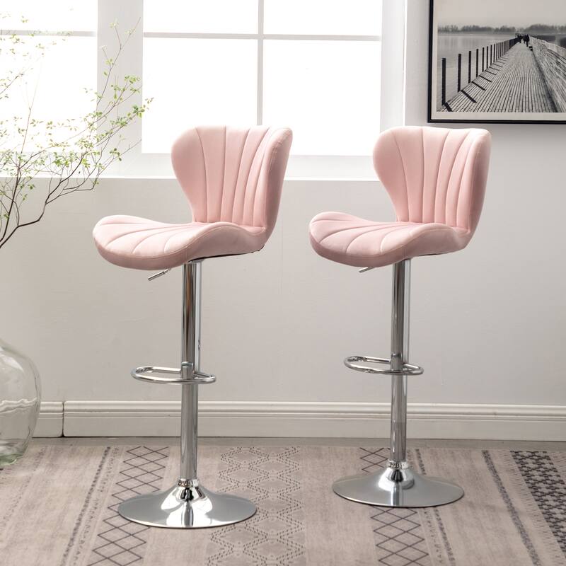 Set of 2 Adjustable Swivel Barstools with Upholstered Bucket Seats and Chrome Footrest.