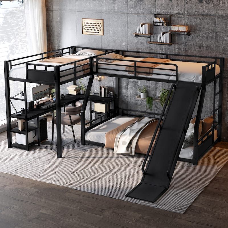 L-shaped Triple Bunk Bed with Loft Bed and Bunk Bed, Metal Storage Bed Frame with Integrated Desk, Open Shelves and Slide