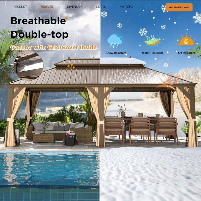 Outdoor Hardtop Gazebo with Galvanized Steel Double Roof & Aluminum Frame, Outdoor pergola with Premium Curtains and Nettings