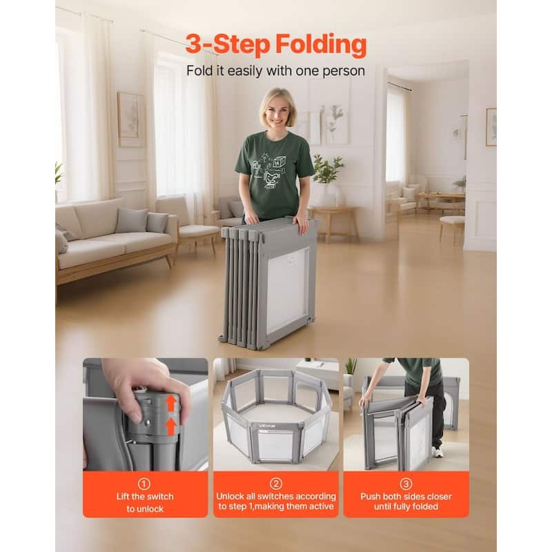 Foldable Grey Baby Fence with Mesh Walls Modular Playpen Design for Indoor and Outdoor Use - 50" x 50" x 27.36"