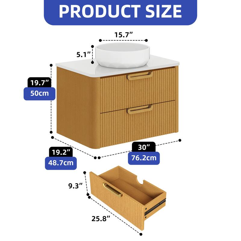 Moasis 30 Inch Floating Bathroom Vanity with Sink, Wall-Mounted Vanity with Engineered White Stone Top