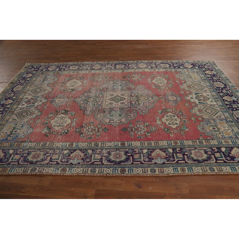 Vintage Geometric Tabriz Persian Area Rug Hand-Knotted Wool Carpet - 6'6" x 9'7"