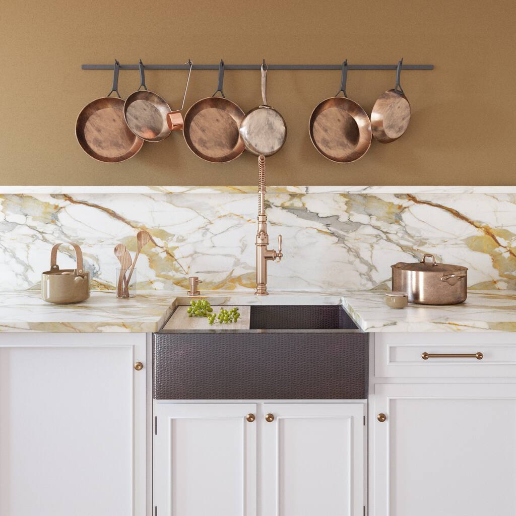 33" Self-Trimming Hammered Copper Single-Bowl Farmhouse Kitchen Sink