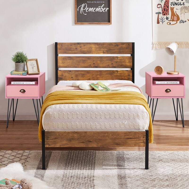 3-Pieces Bedroom Set with Rustic Brown Platform Bed Frame and Nightstands Set of 2