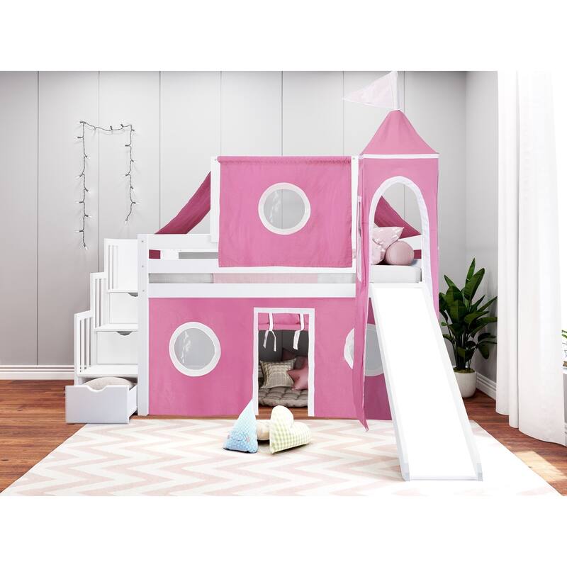 JACKPOT Prince & Princess Low Loft Twin Bed, Stairs Slide Tent & Tower