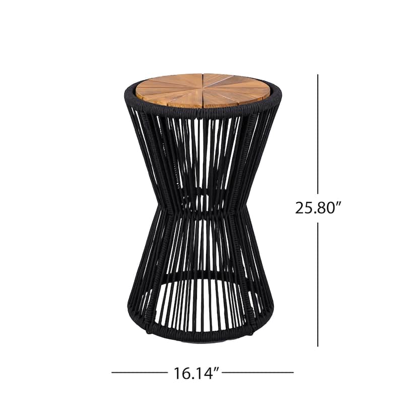 Roomfitters 25.8" Outdoor Side Table Modern Woven Rope Hourglass Patio Accent Table with Teak Wood Finish Top