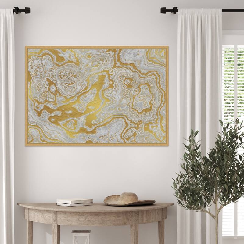 White and Yellow Marble Swirl I by Amini54 Framed Canvas Wall Art Print