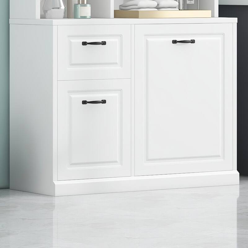 White MDF Tall Bathroom Cabinet with Tilt-Out Hamper and Adjustable Shelves - 39.3” W × 16.50” D × 70.9” H