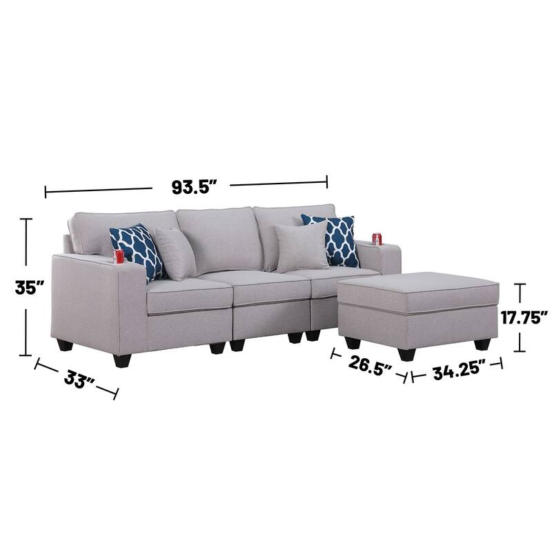 Linen Upholstered Sofa with Ottoman in Light Gray