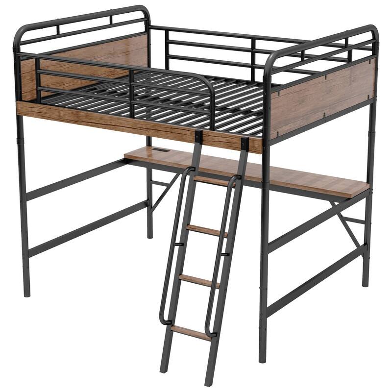 Metal Loft Bed with Desk, LED Lights & USB Charging Station, Loft Bed Frame with Safety Guardrails