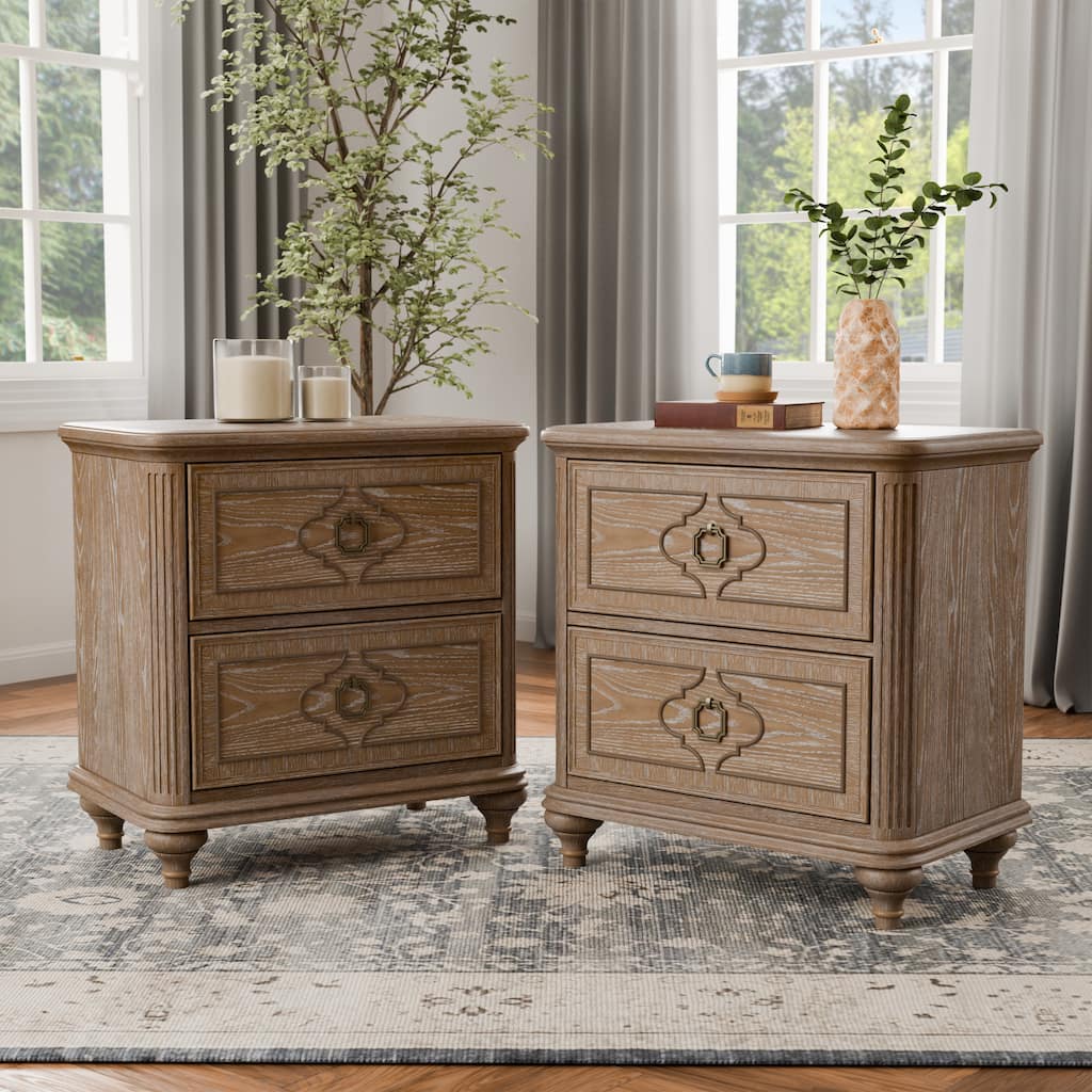 Furniture of America Aveline Modern Rustic Oak Solid Wood 2-Drawer Nightstand With USB Ports (Set of 2)