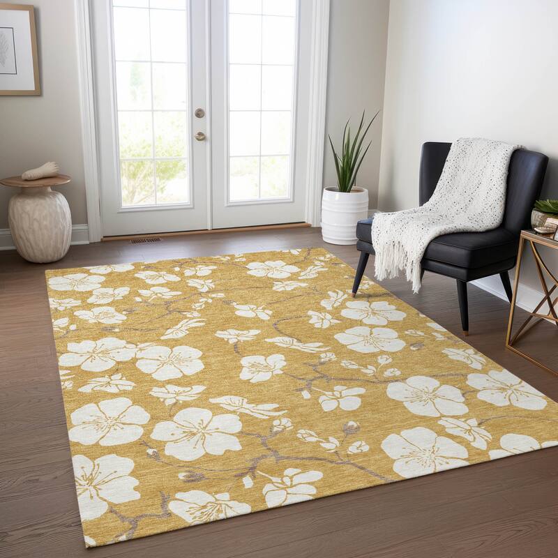 Machine Washable Indoor/ Outdoor Calm Floral Chantille Rug - Gold - 9' x 12'
